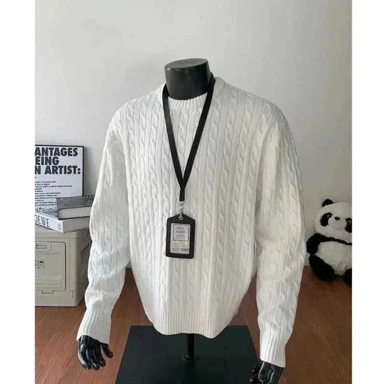 Retro Twist Round Neck Sweater Loose Casual Sweater - close-up detail (material: polyester | color: white, navy | pattern:...