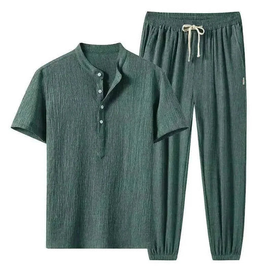 cotton linen blend fabric | short sleeve suit set | breathable summer suit | energy saving