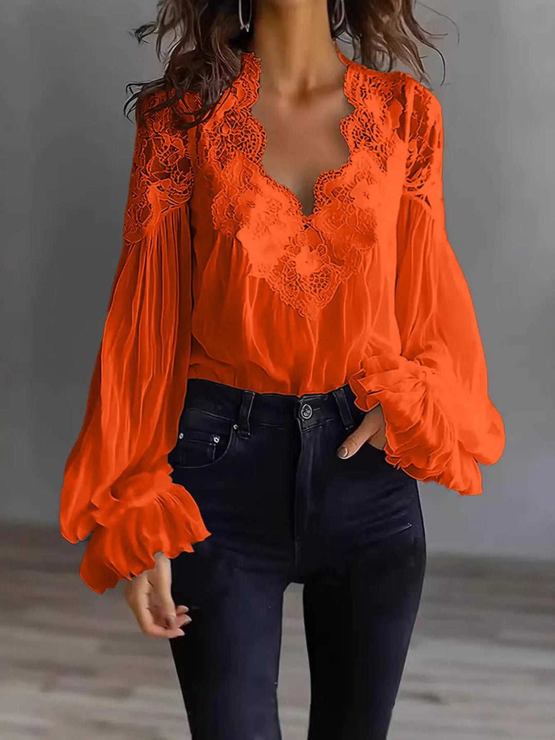 Women's Lace-Panel Puff-Sleeve Pleated Shirt - Meifu Market
