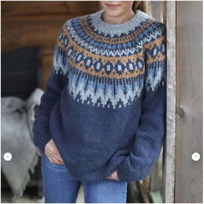 Round Neck Pullover Jacquard Vintage Print Sweater Meifu Market
