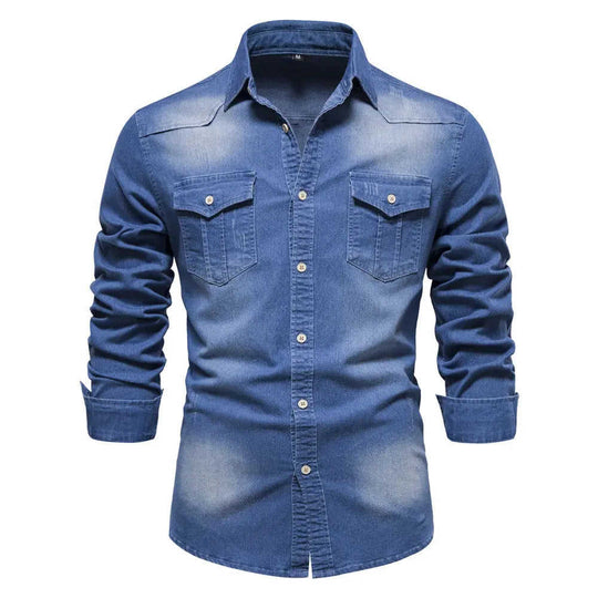 Men's Long-sleeved Denim Shirt Casual Solid Button Slim Tops Clothing L - complete package contents