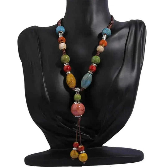 retro ceramic beaded necklace | hollow leaf pendant necklace | layered boho necklace for women | ultrasonic cleaning