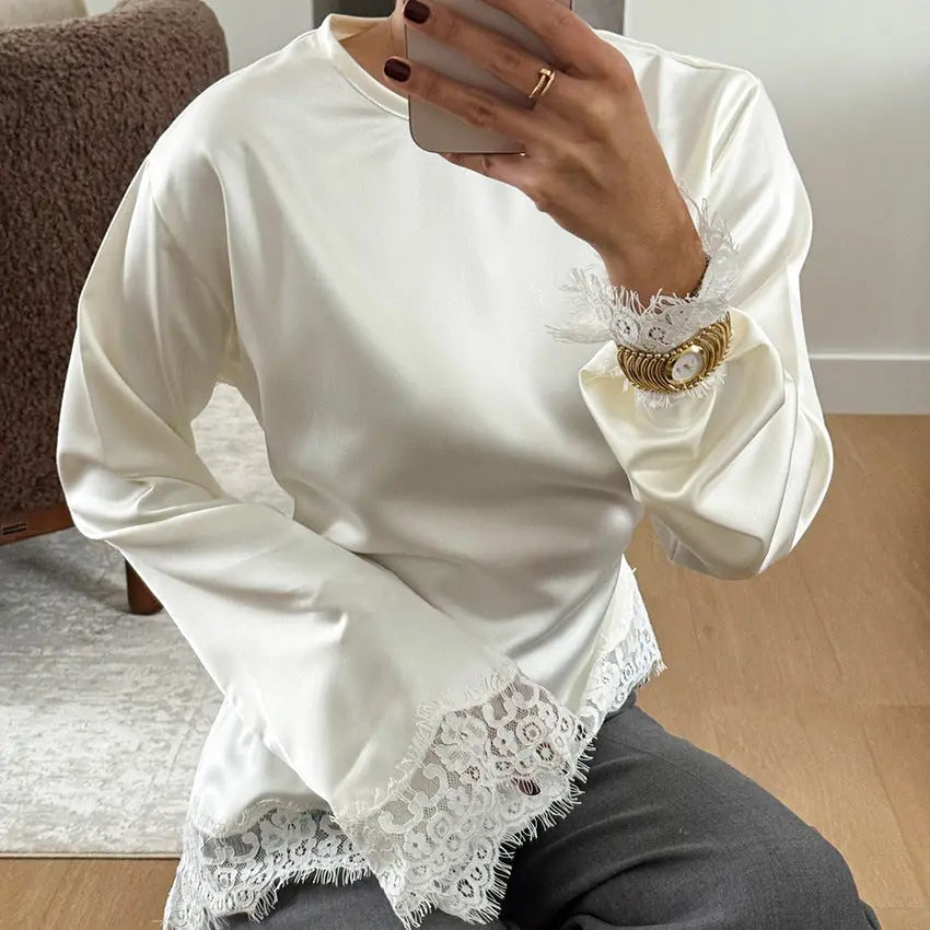 Casual Solid Color Lace Patchwork Top M - front view 0