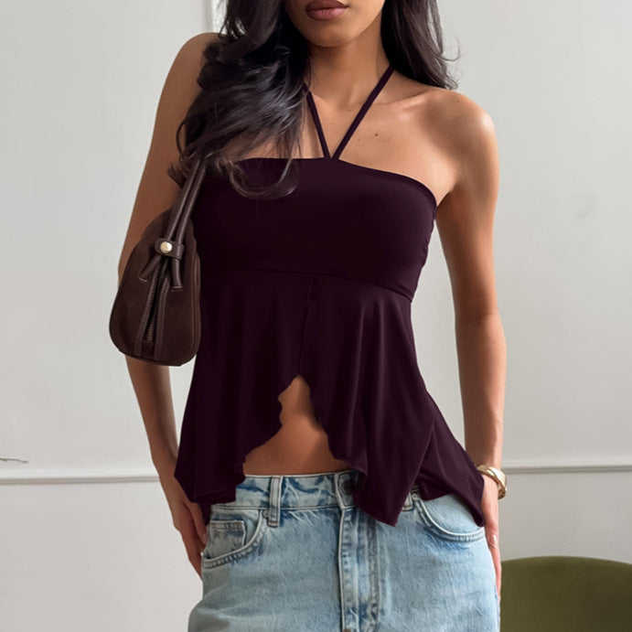 Women's Halterneck Backless Camisole | Modal Slit Top Brown - Meifu Market