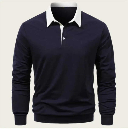 Men's Fashion Casual Versatile Long Sleeves Polo Collar Sweater Navy Blue - available style options