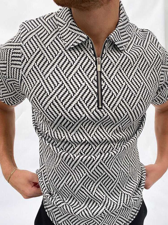 Plaid Zip Knit Polo – Men's Jacquard 5-Style Casual Shirt