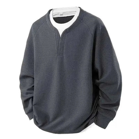 Contrast Colors False-two-piece Trendy V-neck Waffle Sweater Casual All-matching Tops Black - scale comparison view