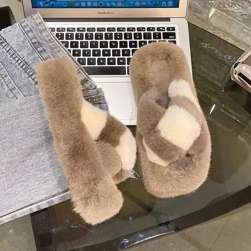 cross-strap fuzzy slippers | 5cm heel house shoes | plush indoor slippers women | ultrasonic cleaning