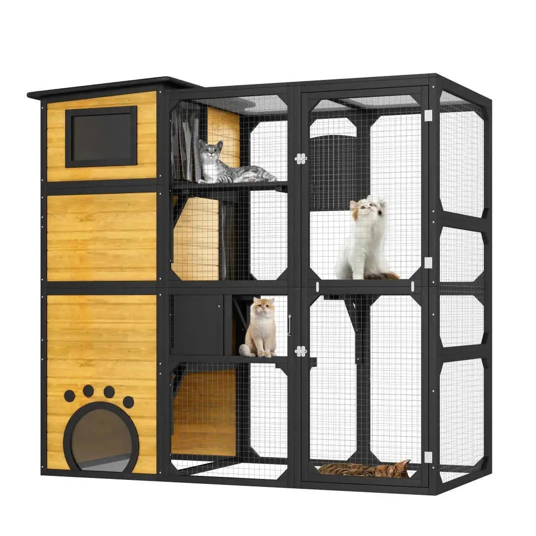 GO Large Cat Catio 4 Tiers Cat Enclosure For Outdoor, Cat House Weatherproof Attached To Window For Multiple Cats With Platforms And Resting Rooms, Brown Meifu Market