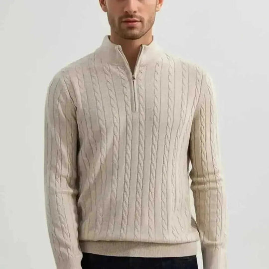 American Old Money Style Stand Collar Twisted Men's Casual Zipper Sweater - main view (material: wool, fleece | pattern:...