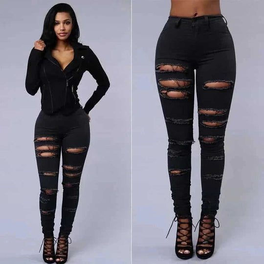 high-waisted ripped skinny jeans | distressed denim trousers for women | slim fit pencil pants | ultrasonic cleaning