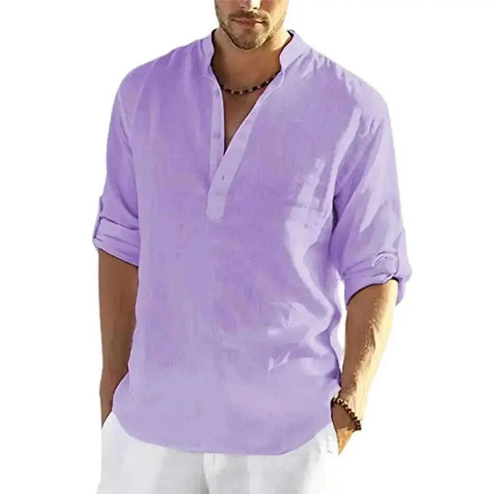 cotton linen blend fabric | loose fit long sleeve shirt | mens casual solid color shirt | ultrasonic cleaning