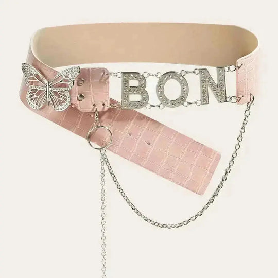 American Retro Decoration Butterfly Drill Buckle Personality Belt - main view (material: leather | color: pink | pattern:...