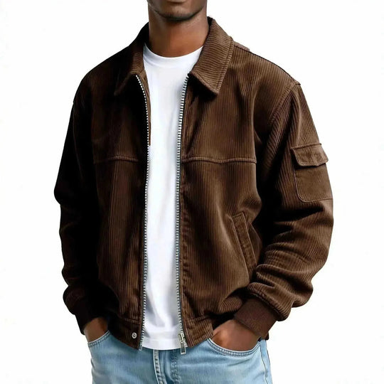 Men's Retro Corduroy Jacket - Casual Long Sleeve Pocket Coat Navy Blue - color variant display