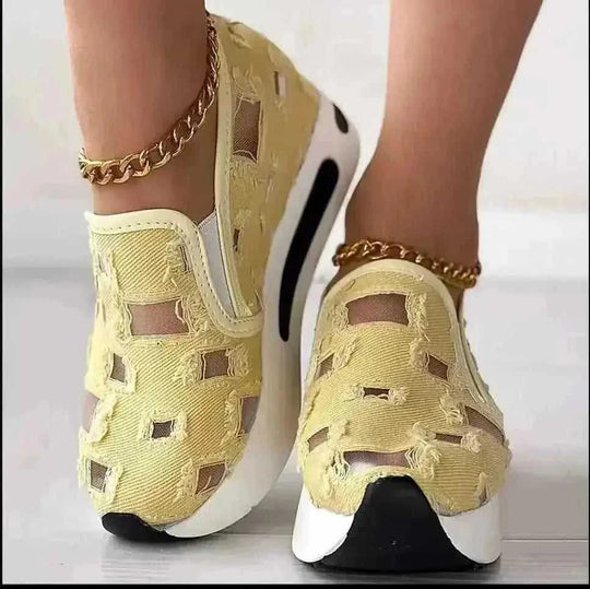 hollow out canvas shoes | 6cm heel height | breathable mesh flats | energy saving