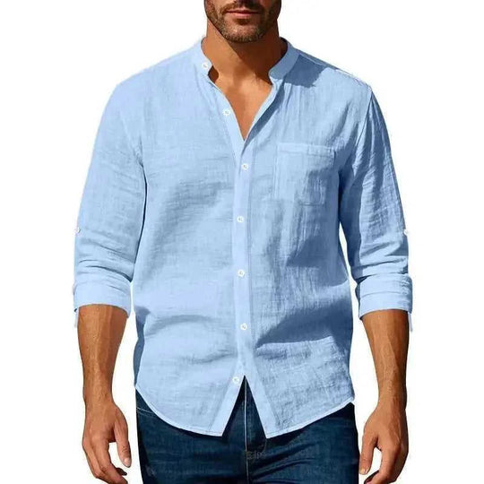 long sleeve stand collar shirt | mens casual shirt with pockets | cotton linen blend shirt | energy saving