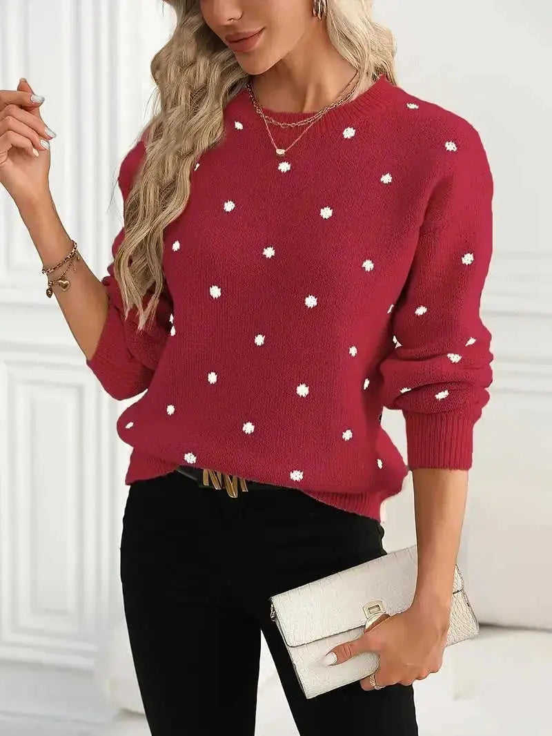 Ins Polka Dot Print Pullover Sweater Fashion Casual Long-sleeved Jacquard Knitted Top Winter Round Neck Clothing For Women Meifu Market