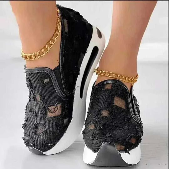 hollow out canvas shoes | 6cm heel height | breathable mesh flats | ultrasonic cleaning