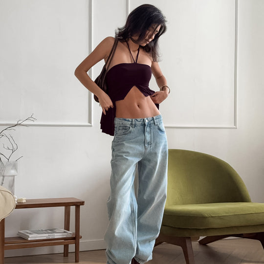 Sexy Retro Brown Halterneck Suspender Slit Camisole