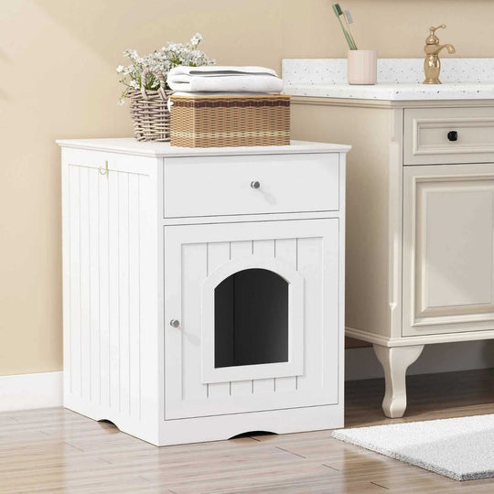 Cat Litter Box Enclosure - Wooden Furniture Side Table with Hidden Storage White - main product image