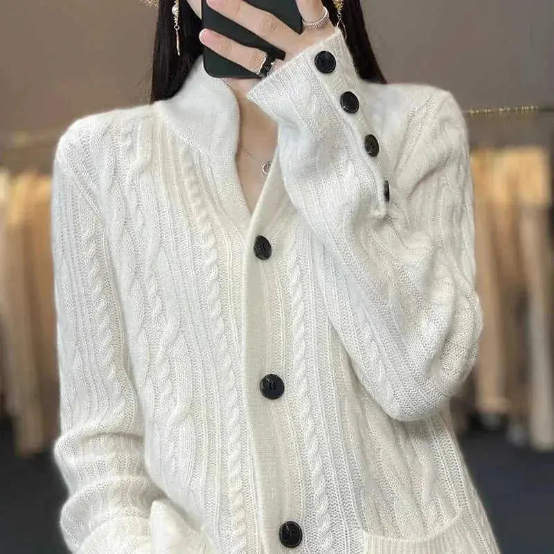 pure wool cardigan women | loose fit knitted coat | stand collar sweater | ultrasonic cleaning