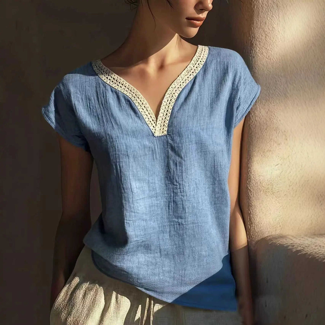 Bohemian Vintage Lace V-Neck Cotton-Linen Blouse M - bohemian lace cotton blouse grey floral 3 4 sleeve feminine top front...