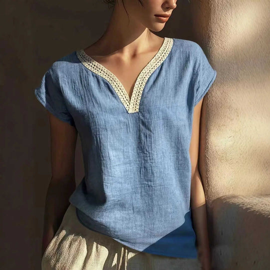 Bohemian Vintage Lace V-Neck Cotton-Linen Blouse M - bohemian lace cotton blouse grey floral 3 4 sleeve feminine top front...