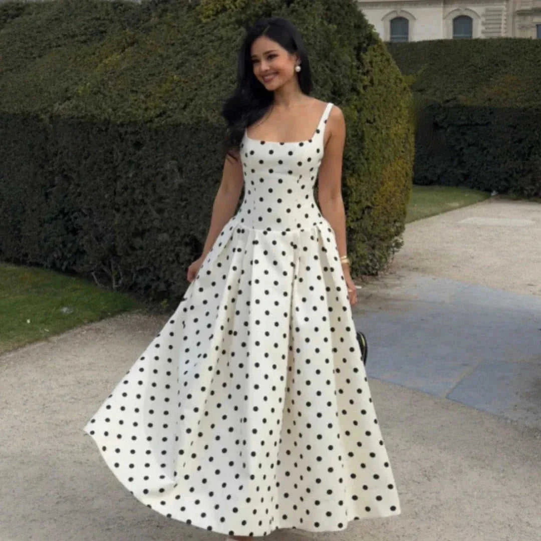 square collar dress | polka dot swing dress | cinched pleated dress | ultrasonic cleaning