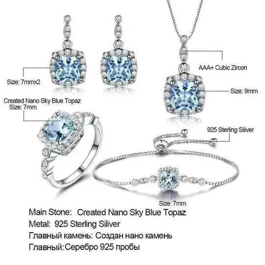 925 Sterling Silver Sky Blue Topaz Jewelry Set - 4 Piece - back view (color: blue, silver | pattern: check)