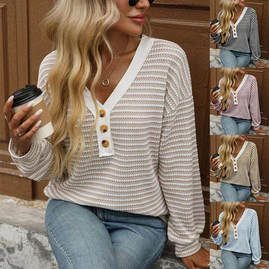 Women's V-neck Buttons Pullover Patchwork Casual Long-sleeved Top Meifu Market
