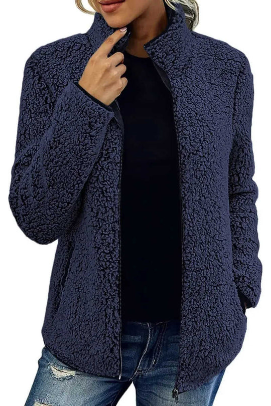 Fall Winter Warm Sweatshirt Stand Collar Solid Color Top Sweater Women's Casual Fashion Long Sleeve Zipper Bubble Velvet Coat Tops Meifu Market