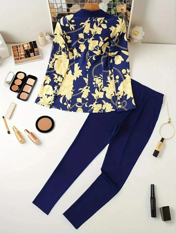 2025 New Women's Elegant High-end Printed, Chain Printed Slim Fit Suit Jacket And Pure Blue Leggings, Suit Two-piece Set, Machine Washable, All Season Fashionable Meifu Market
