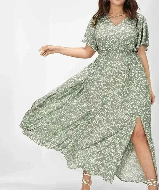 European And American Ladies Bohemian Style Floral Tight Waist Dress - women's summer chiffon halter v neck sleeveless floral flowy a
