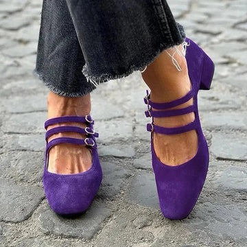 Women's Leather Square Toe Low-cut Retro Style Chunky Heel High Heels Meifu Market