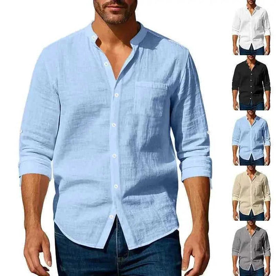 long sleeve stand collar shirt | mens casual shirt with pockets | cotton linen blend shirt | ultrasonic cleaning