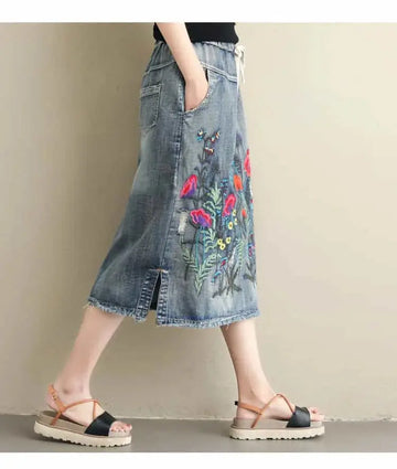 plus size denim skirt | heavy embroidery skirt | ethnic style denim skirt | energy saving