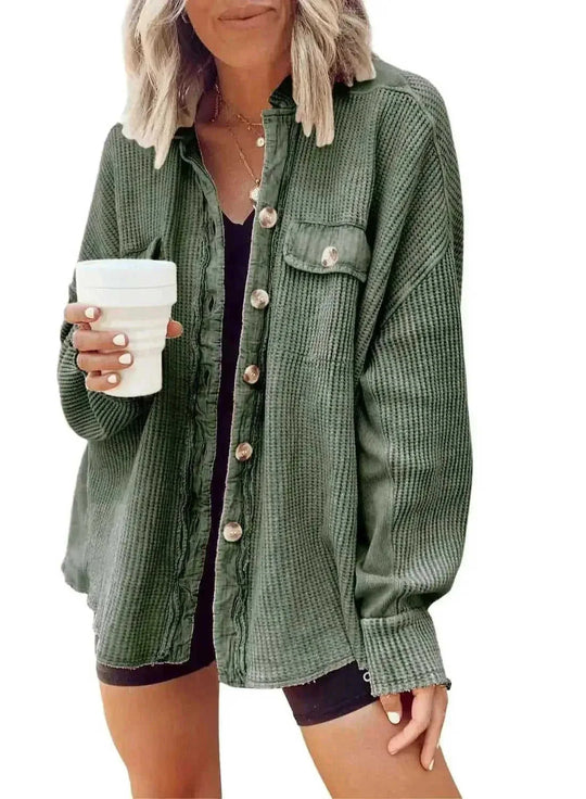 Button Shirt Jacket Women Lapel Long Sleeve Blouse Fashion Jacket Tops - Meifu Market