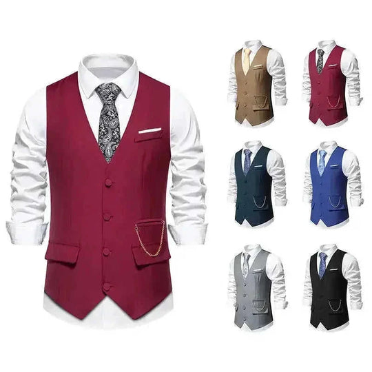 New Men's Solid Color Suit V-neck Single Breasted Chain Vest Navy Blue - available style options