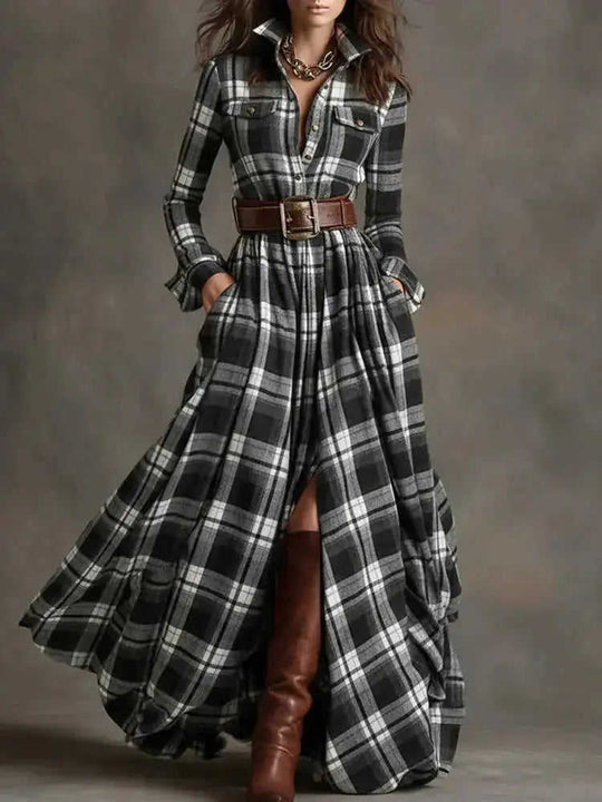 French Retro Plaid Dress - Plus Size Belted Waist Irregular Hem Dress Meifu Market