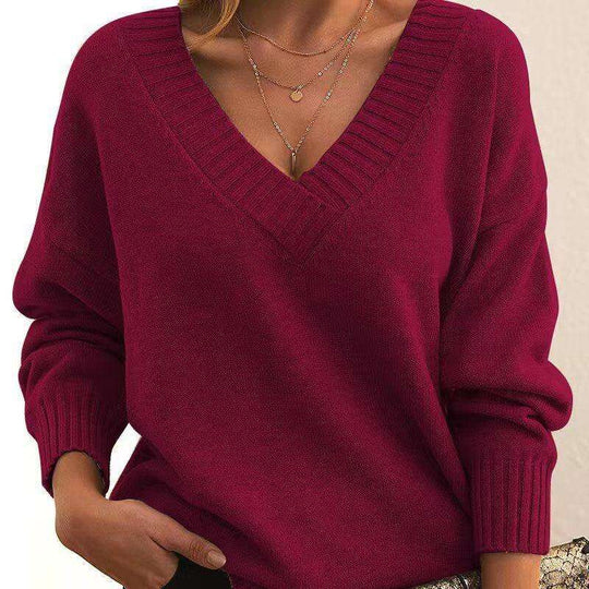 Solid V-neck Sweater Fashion Loose Long-sleeved Knitted Tops Autumn And Winter Women's Clothing Meifu Market