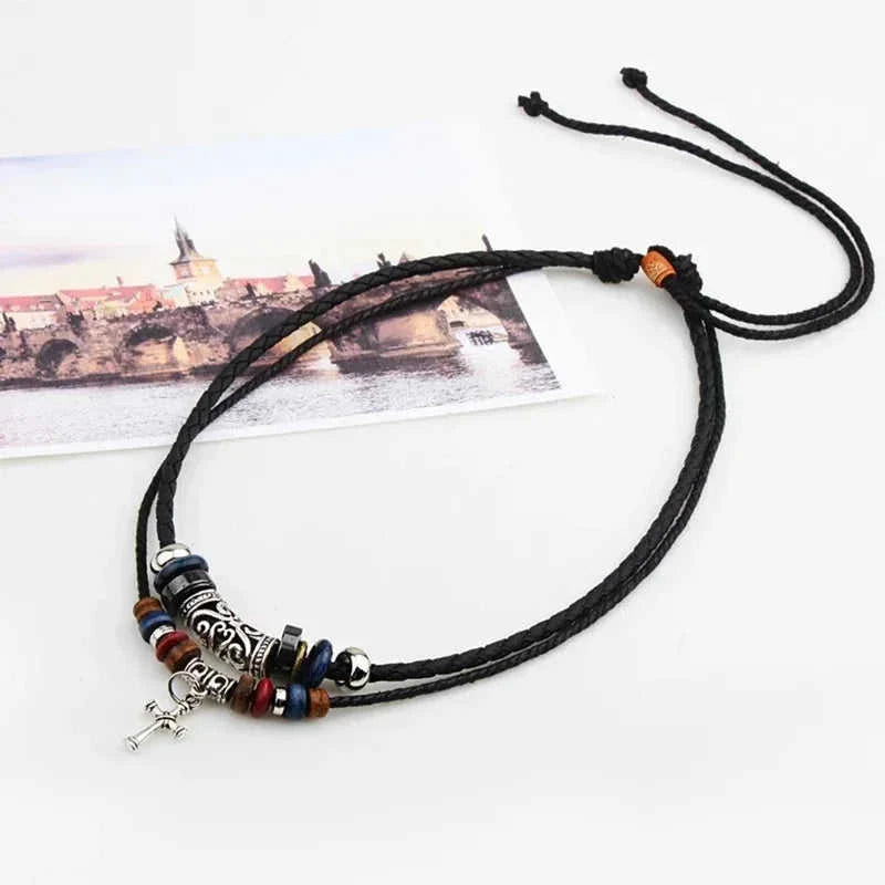 vintage tribal necklace | boho leather jewelry | double layered braided necklace | energy saving