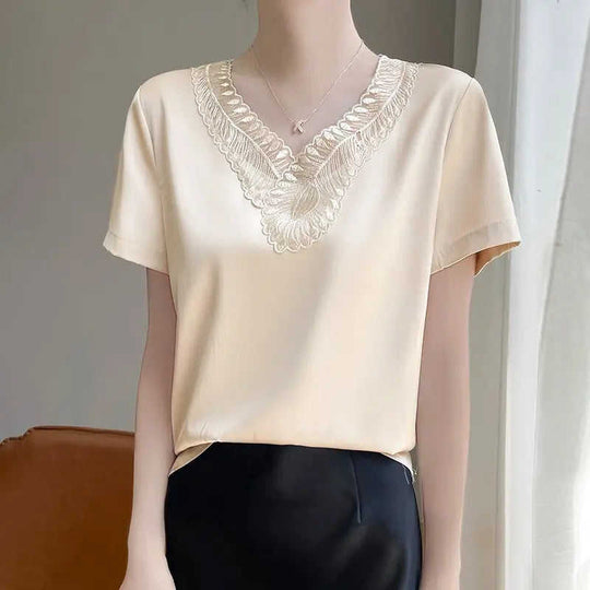 Acetate V-Neck Loose Short-Sleeve Top - Women's Commute Style - view 7 (material: denim, silk | color: white, black |...