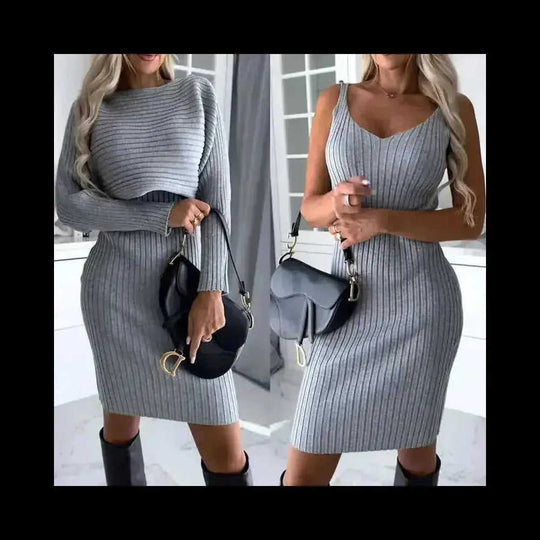 2pcs Suit Women's Solid Stripe Long-sleeved Top And Tight Suspender Skirt Fashion Autumn Winter Slim Clothing Meifu Market