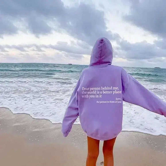 Dear Person Behind Me,the World Is A Better Place,with You In It,love,the Person In Front Of You,Women's Plush Letter Printed Kangaroo Pocket Drawstring Printed Hoodie Unisex Trendy Hoodies Meifu Market