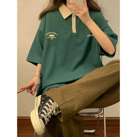 vintage cotton polo shirt | loose fit short sleeve top | casual womens polo | energy saving