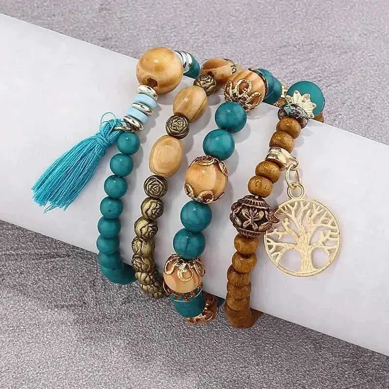 elastic bangle bracelet set | wooden beads jewelry | adjustable tree of life bracelet | energy saving