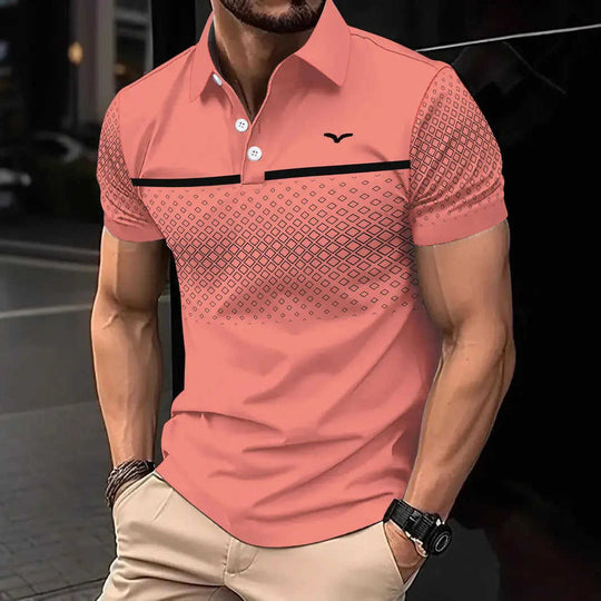 Men's Slim-Fit Printed Lapel Short-Sleeve Polo Shirt S - styled bvodoz men's colorblock lapel short sleeve zipper slim fit...