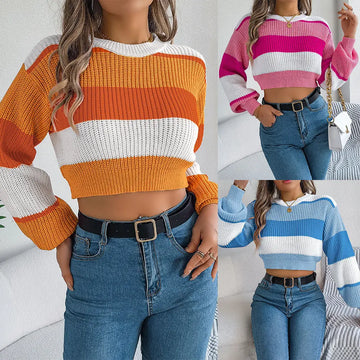 Casual Color-Block Lantern Sleeve Cropped Sweater Meifu Market