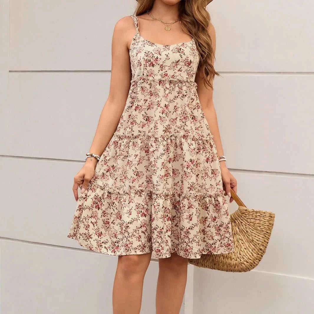 floral pleated midi dress | lace-up summer dress | womens elegant floral dress | energy saving