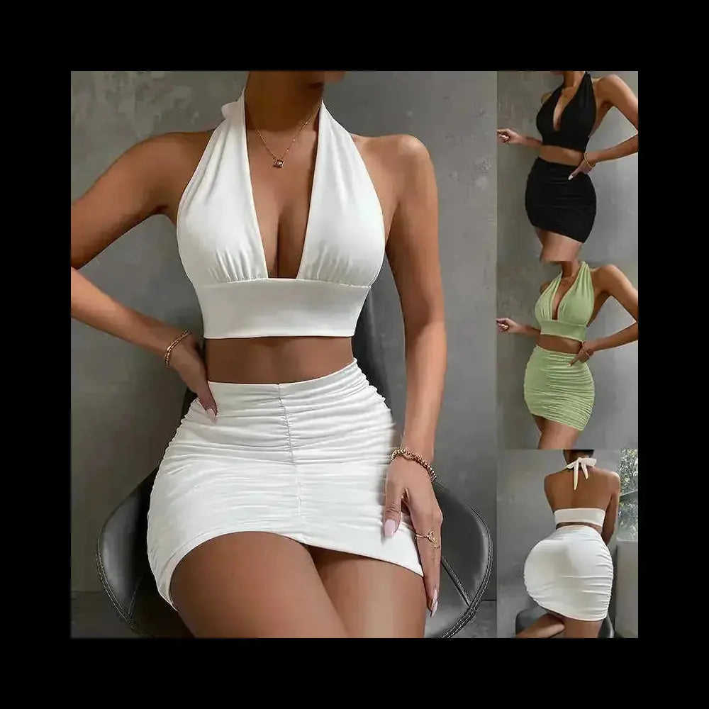 2pcs Dress Suits For Women Halter Lace-up Hip Top And Pleated Hip-covering Skirt - main view (material: lace, polyester |...